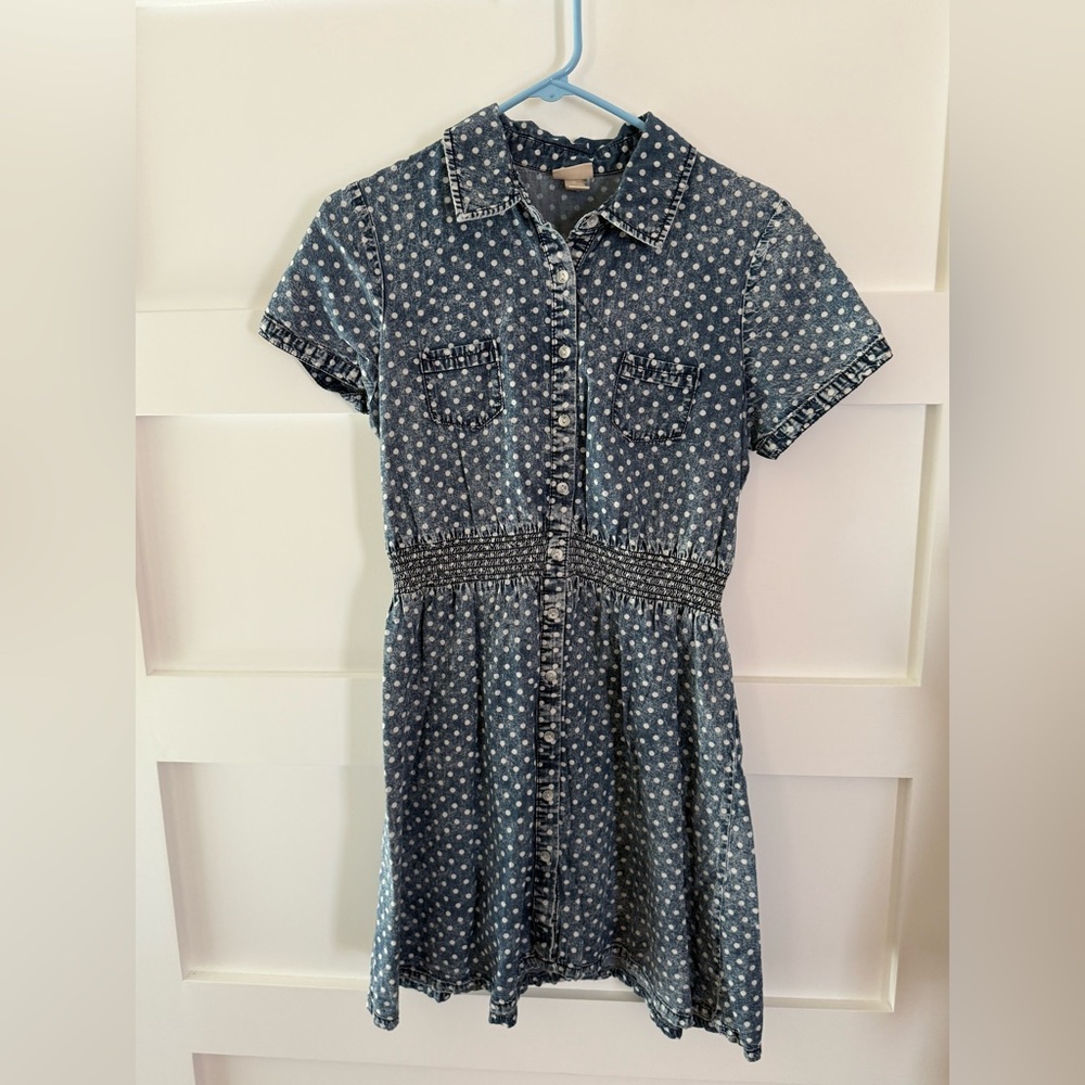 Polka Dot Denim Shirt Dress - Blue